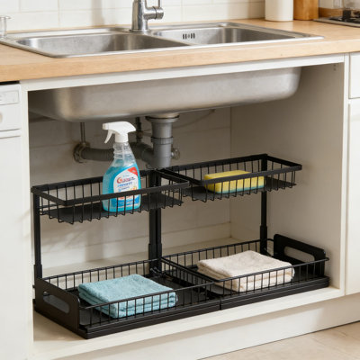 2-Tier Pull Out Cabinet Organizer, Under Sink Sliding Drawer With Wire Basket, Space Saving Slide Out Shelf For Kitchen And Bathroom Storage