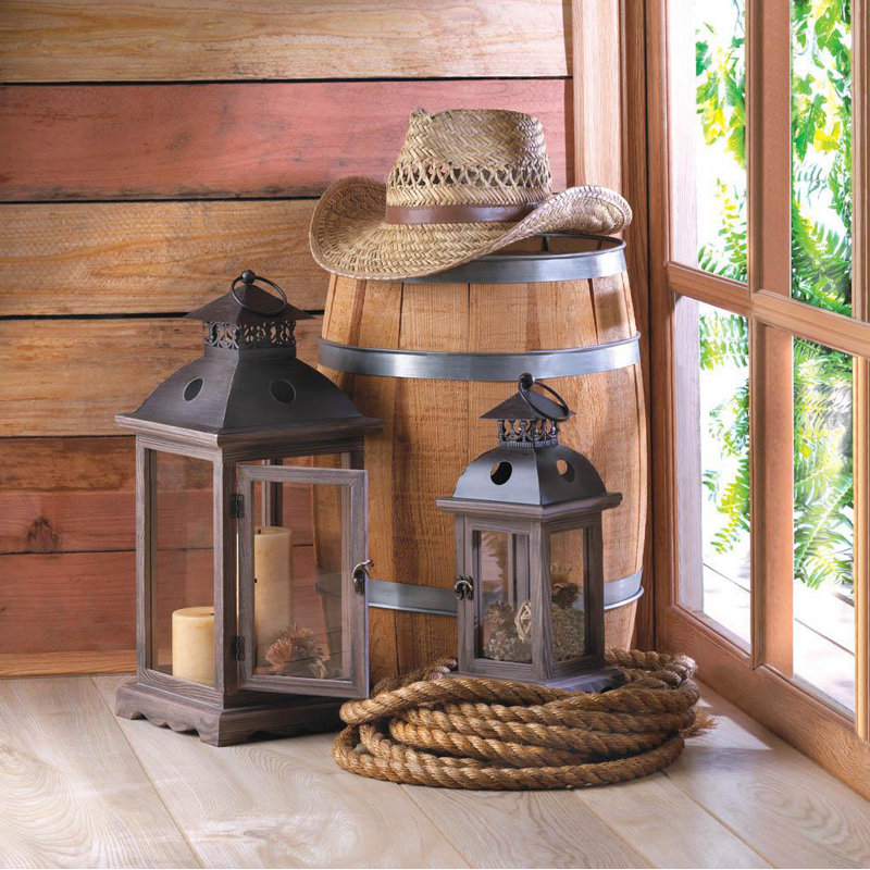 Rustic Brown Wood and Black Metal Hanging Candle Lantern