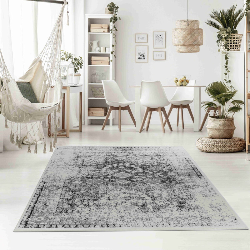 Rug Branch Huda 4' x 6' (3'11" x 5'7") Black/Grey Oriental Indoor Area Rug, Traditional, Low Pile, Stain-Resistant Carpet - Living Room, Bedroom, Dining Room, and Kitchen