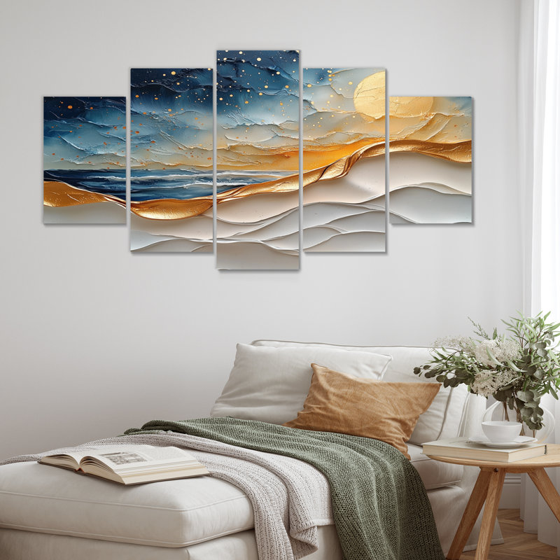 «Blue Beach Golden Abstract Sunrise - Coastal Tropical», ensemble de reproduction d'art mural