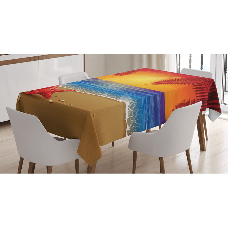 Ambesonne Tropical Tablecloth, Sunset Cartoon Illustration Beach Summer Starfish Palm Tree Ocean Fantasy Art, Rectangular Table Cover For Dining Room Kitchen Decor, 52" X 70", Red Yellow Blue