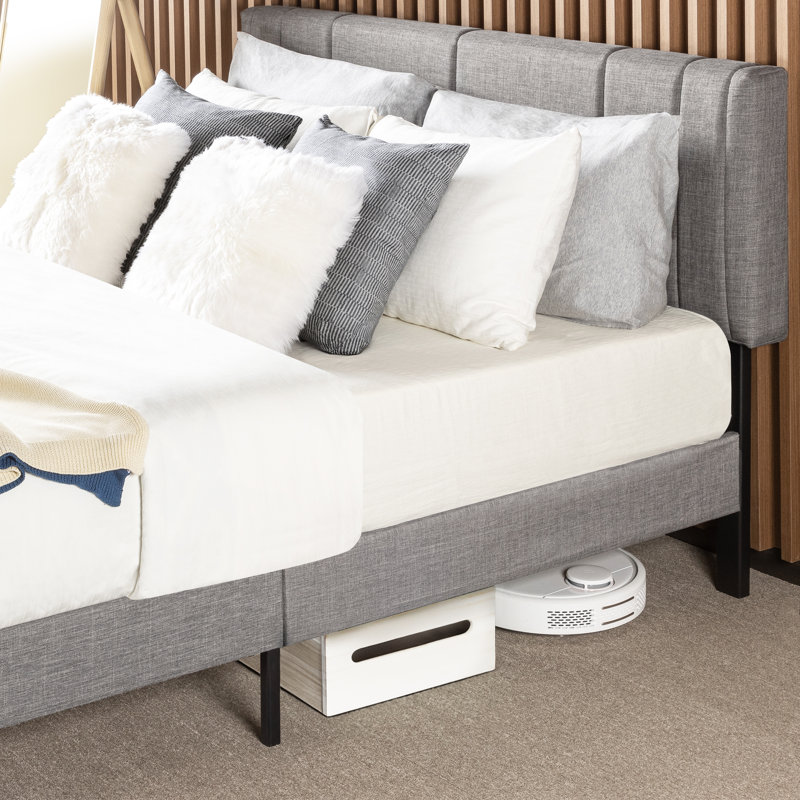 Lit plateforme tapissier avec capitonnage vertical, Double, Gris clair