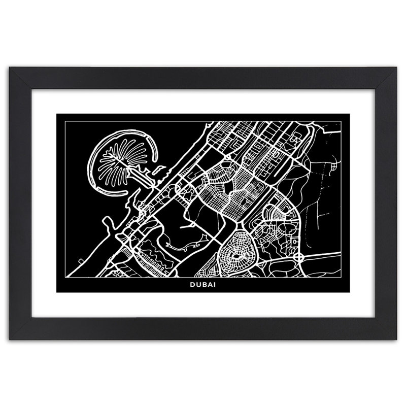 Dubai City Map 1 Piece Single Picture Frame Wall Art, 60cm H x 90cm W, Black