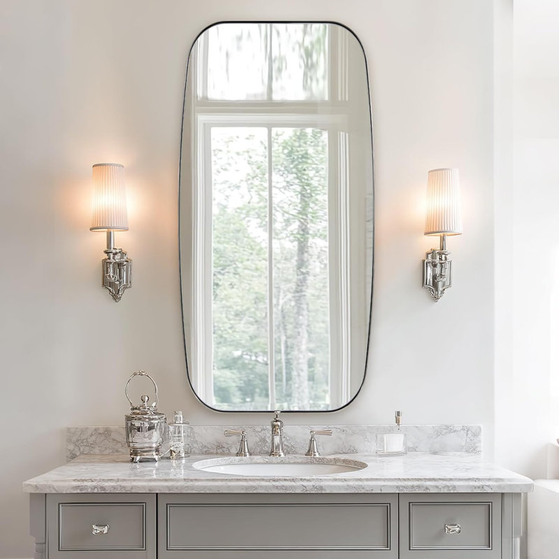 Miroir de salle de bain ovale moderne | Cadre en acier inoxydable, Chrome poli, 48 po x 24 po