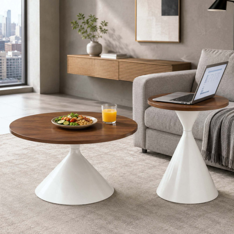 Ensemble de 2 tables basses rondes, plateau de table à motifs avec base en acier, table basse multifonctionnelle à la mode
