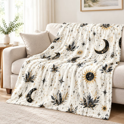 Boho Crystal Moon Sun Star Flannel Throw Blanket - Celestial Pattern, Black and Gold Accents, Cozy, Lightweight, Breathable, All-Season Use, Skin-Friendly, Machine Washable, Decorative Accent for Sofa Couch Living Room Bedroom