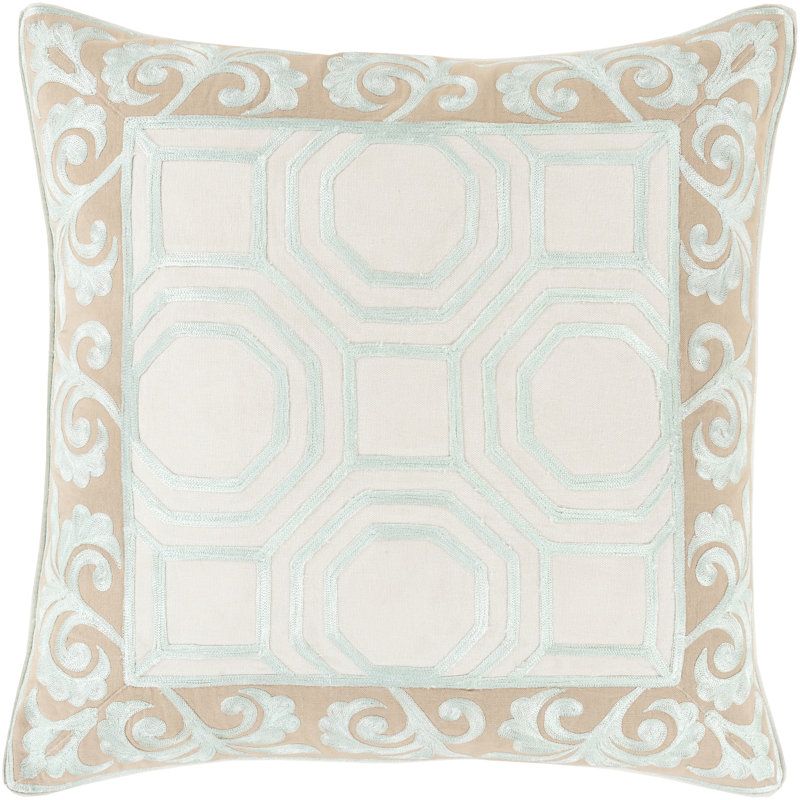 Cotton Throw Pillow, 20" x 20", Taupe/Mint, Down