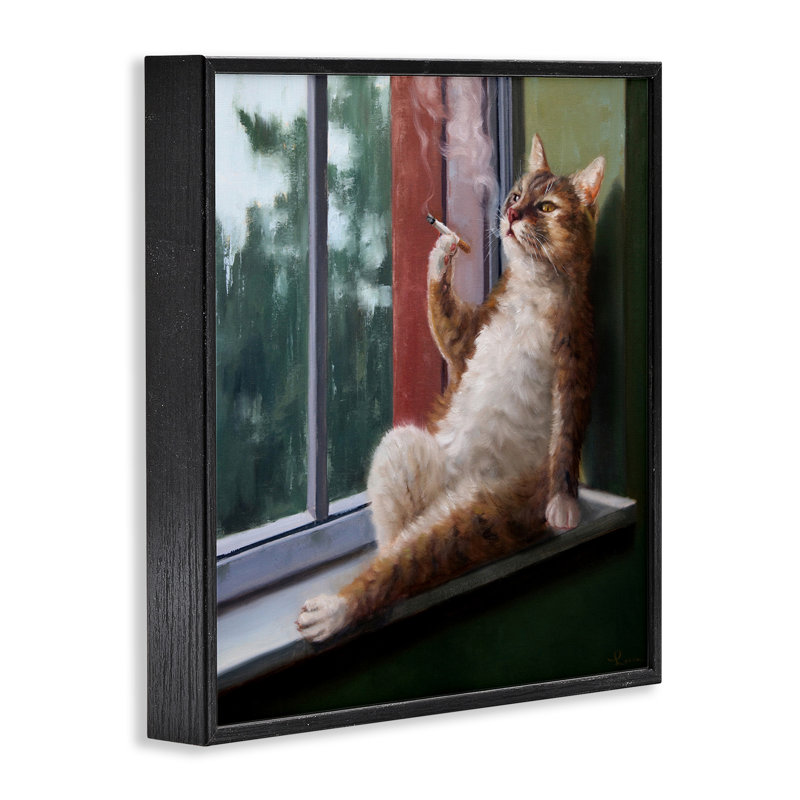 «House Cat fumant dans une vitre» par Lucia Heffernan - impression, Giclée encadrée noir minuit, H 12 po x l 12 po