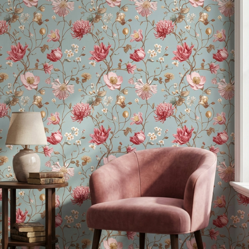 Papier peint floral, élégante murale rétro