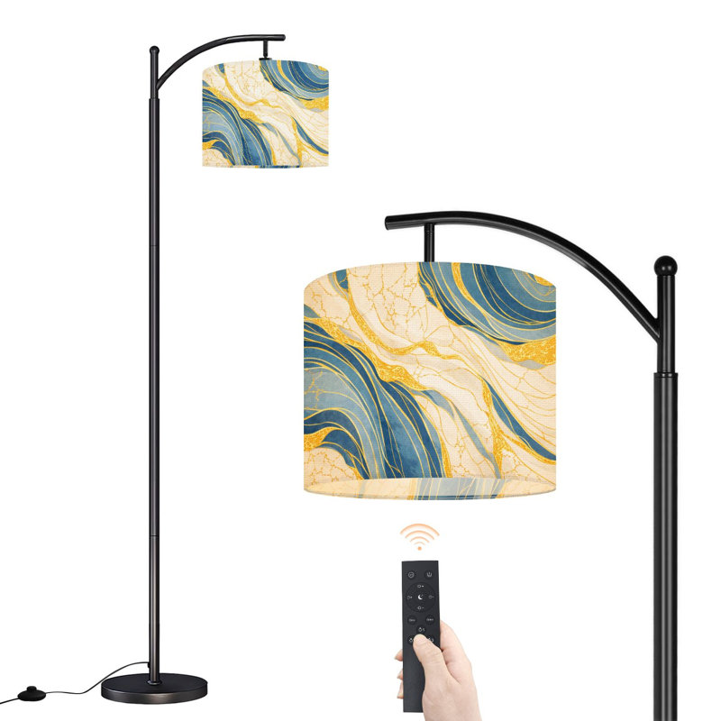 Lampe sur pied à arc avec abat-jour réglable Abstrait art de marbre marbré texturé Bleu doré blanc Lampe sur pied 3 températures de couleur à intensité variable, grand lampadaire avec interrupteur au pied pour la chambre à coucher