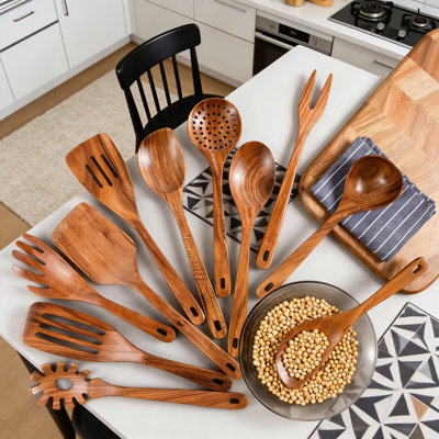 11-Piece Natural Teak Wooden Utensil Set For Cooking | Non-Scratch Spoons & Tools For Non-Stick Cookware | Heat Resistant & Durable Kitchen Utensils