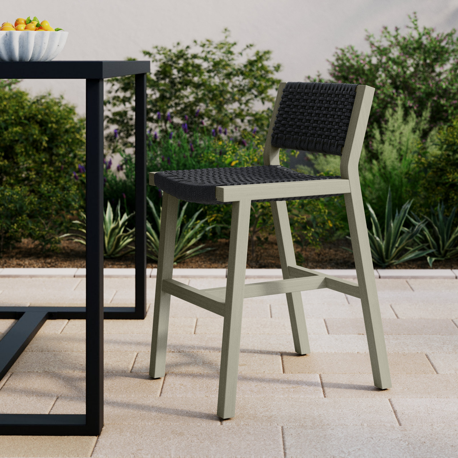 Shea Teak Outdoor Bar Stool, Dark Gray, Counter Stool (26" Seat Height), Dark Gray Rope