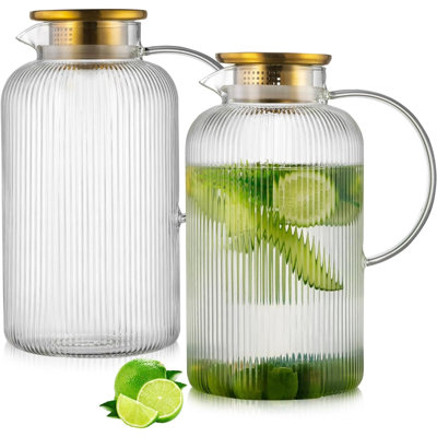 Glass Pitcher With Lid, 100 Oz/ 3 Liter Classic Vertical Stripes Water Pitcher,Glass Water Carafe For Cold Brew, Coffee, , Iced Sun Tea,, Milk, Heat Resistant
