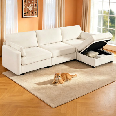 Canapé modulaire beige, canapé en L de 109 po avec repose-pieds de rangement pour le salon