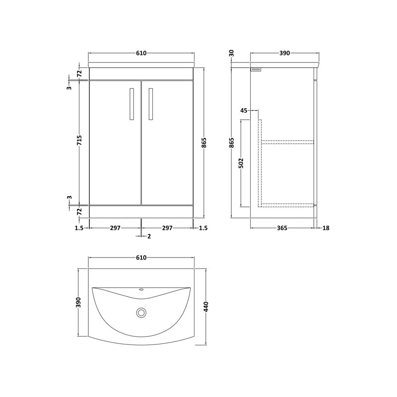 Athena 610mm Single Bathroom Vanity with Integrated Vitreous China Basin, Charcoal Black