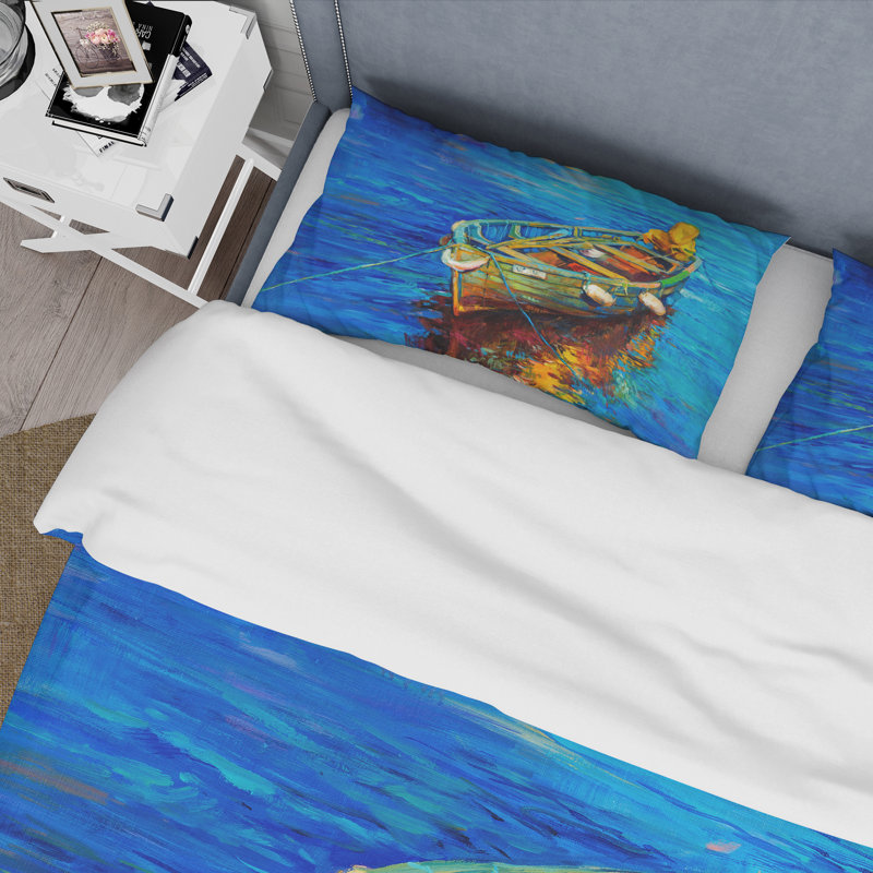 Bateaux qui se reposent sur l'eau pendant le coucher du soleil chaud IV - Ensemble de housse de couette nautique - Microfibre de polyester