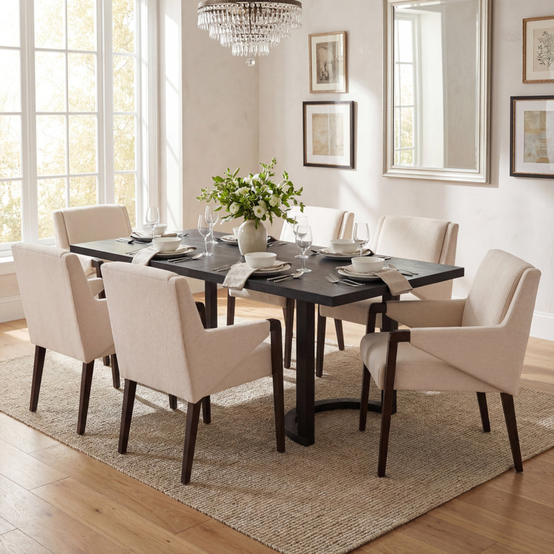 Harlan 6-Person Rubberwood Dining Table Set With Upholstered Chairs, Linen/Dark Walnut, Black