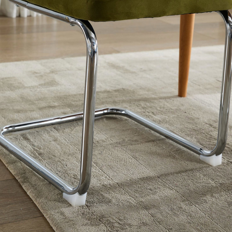 Ensemble de 2 chaises de salle à manger de style Mid-Century moderne, rembourrées de velours avec dossier en canne et base en acier inoxydable, style cantilever flexible, olive, capacité de 360 lb pouvant supporter