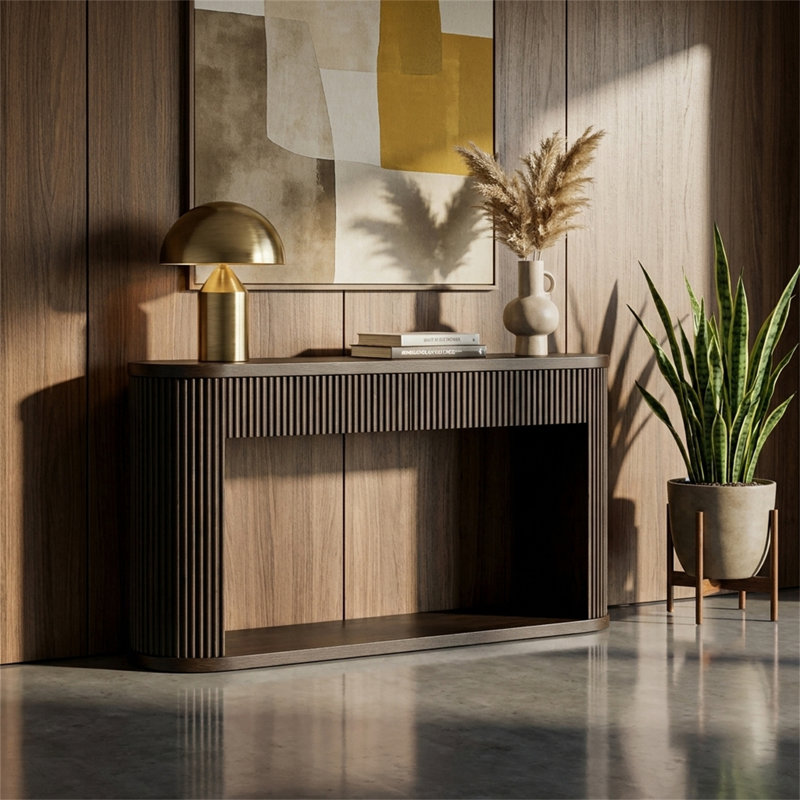 Console, avec 2 tiroirs, table décorative ovale, avec plateau en placage de hêtre et finition vernie, style maison de campagne, couleur espresso rétro