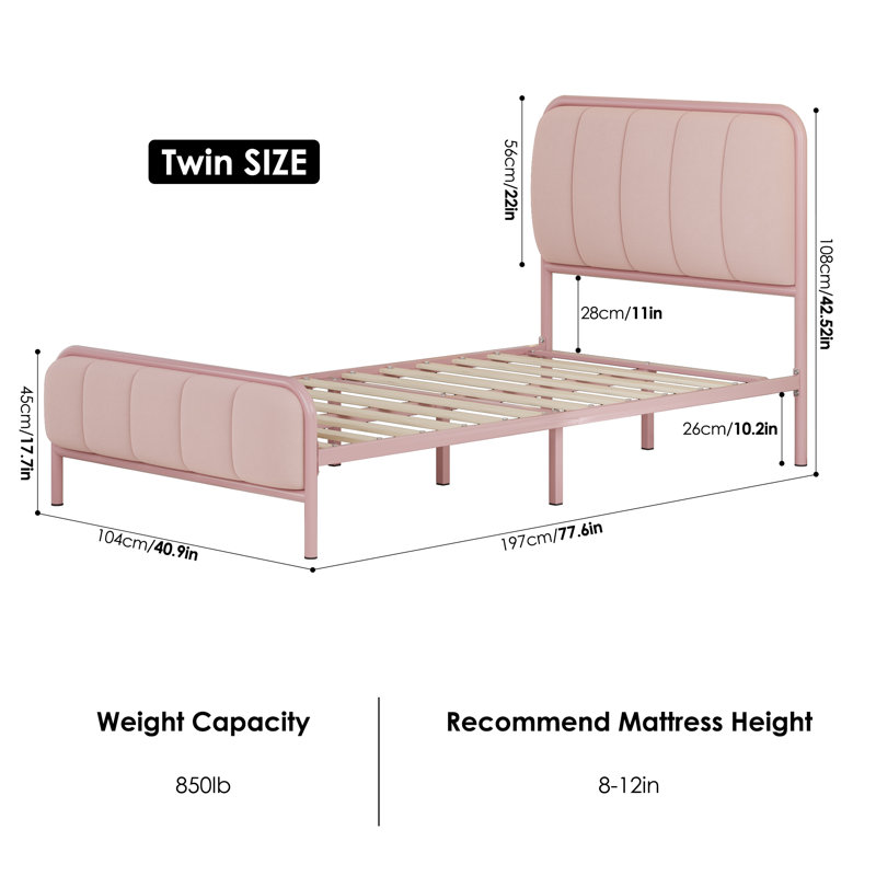Upholstered Platform Bed with Velvet Headboard, Pink, Twin