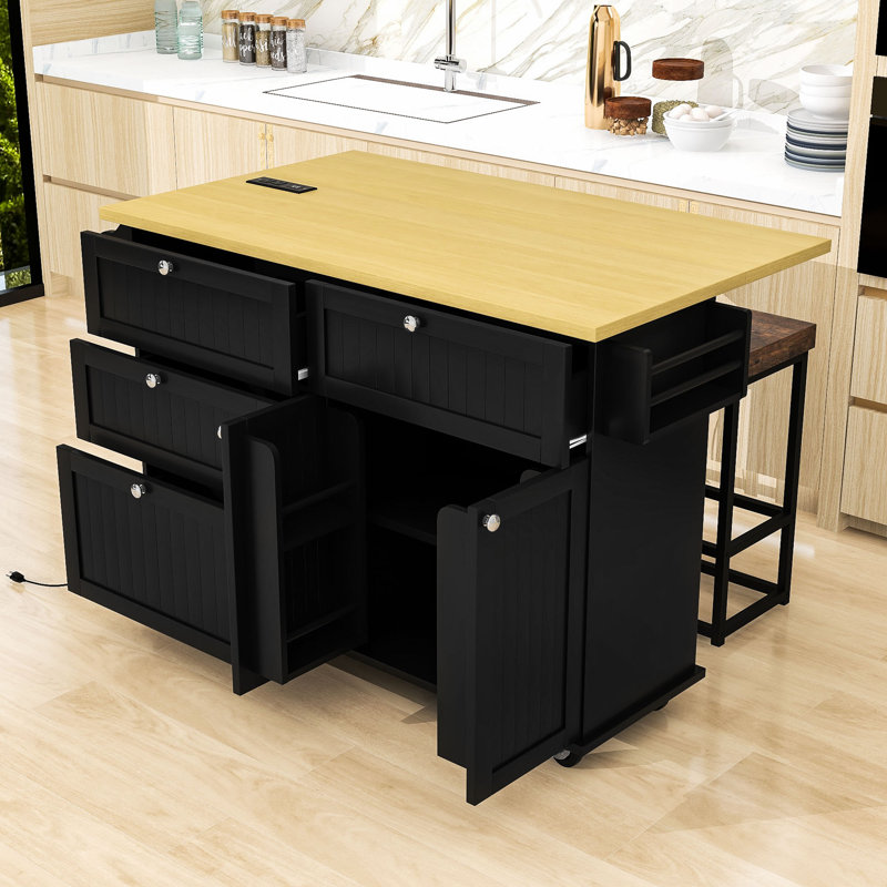Rosauro Kitchen Islands with Storage Cabinet, 4 Drawers and Towel Rack, Black