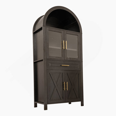 Armoire garde-manger de 71 po de hauteur arquée avec porte vitrée, armoire de rangement Farmhouse avec tablettes réglables et porte de grange pour la cuisine, le salon et la salle à manger, noir