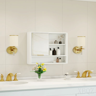 Armoire de salle de bain moderne avec miroir, armoire de rangement murale avec tablettes ouvertes, armoire à pharmacie imperméable avec décor doré, organisateur de meuble-lavabo peu encombrant pour salle de bain, blanc