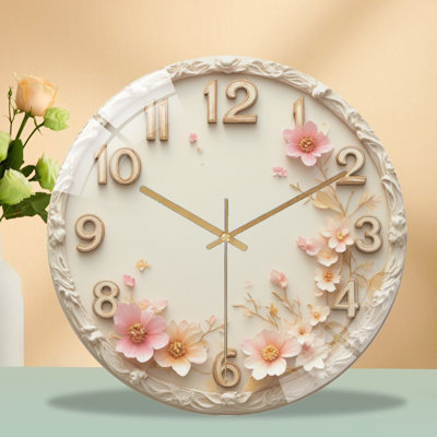 Ornate Clock Adorned with Delicate Paper Flowers Art - 12'' Modern Glass Wall Clock