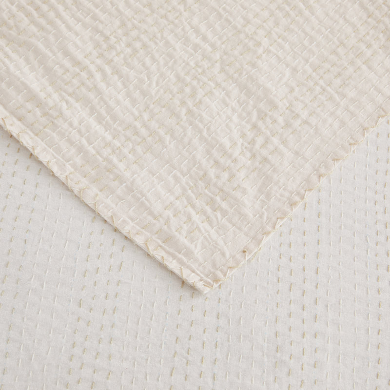 Handstitch Reversible Color Kantha Coverlet, Twin Extra Long Coverlet, Cream