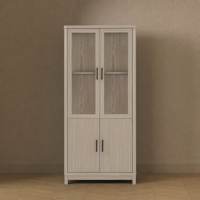 Bibliothèque de style Mid-Century à 6 tablettes avec portes en verre trempé en chêne blanchi H 67,6 "x l 31" Jodie