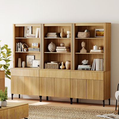 71.6"H X 94.5"W Set Of 3 Bookcase With Storage Cabinets, 15 Tier Bookshelf With Fluted Doors And Drawers, Large Modern Display Cabinet For Living Room Bedroom Home Office Kitchen
