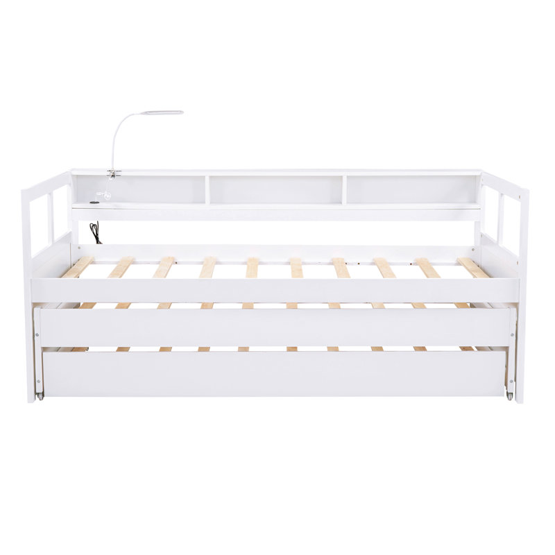 Twin Xl Wood Daybed With 2 Trundles, 3 Storage Cubbies, 1 Light For Free And Usb Charging Design, White