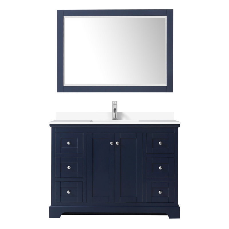 Ensemble de meuble-lavabo simple 48 po avec miroir Avery, Bleu foncé, Marbre de culture blanc, Or brossé