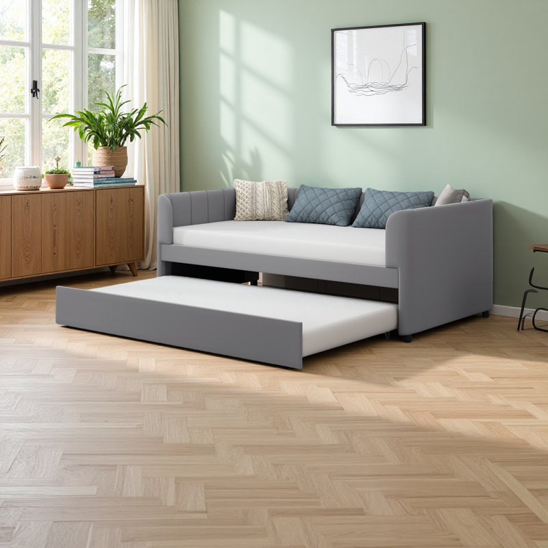 Lit de jour simple rembourré avec dossier ergonomique et lit gigogne, Gris