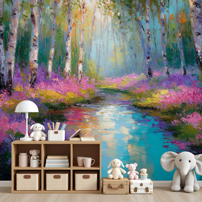 Papier peint auto-adhésif Birch Forest Stream, L 96 po x l 69 po