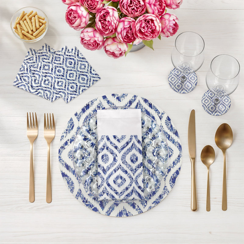Sous-verres ronds en similicuir royal royal ikat blanc