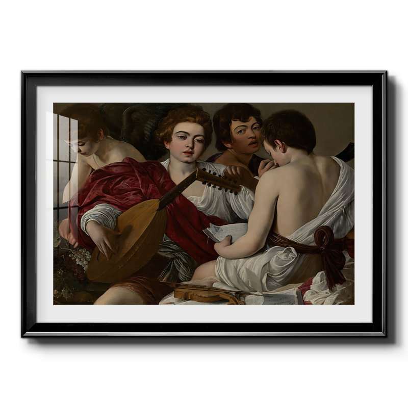 The Musisans-Caravaggio-Reproduction encadrée avec passe-partout et verre-c. 1595, 22,5 x 30,5, Impression encadrée, Noir
