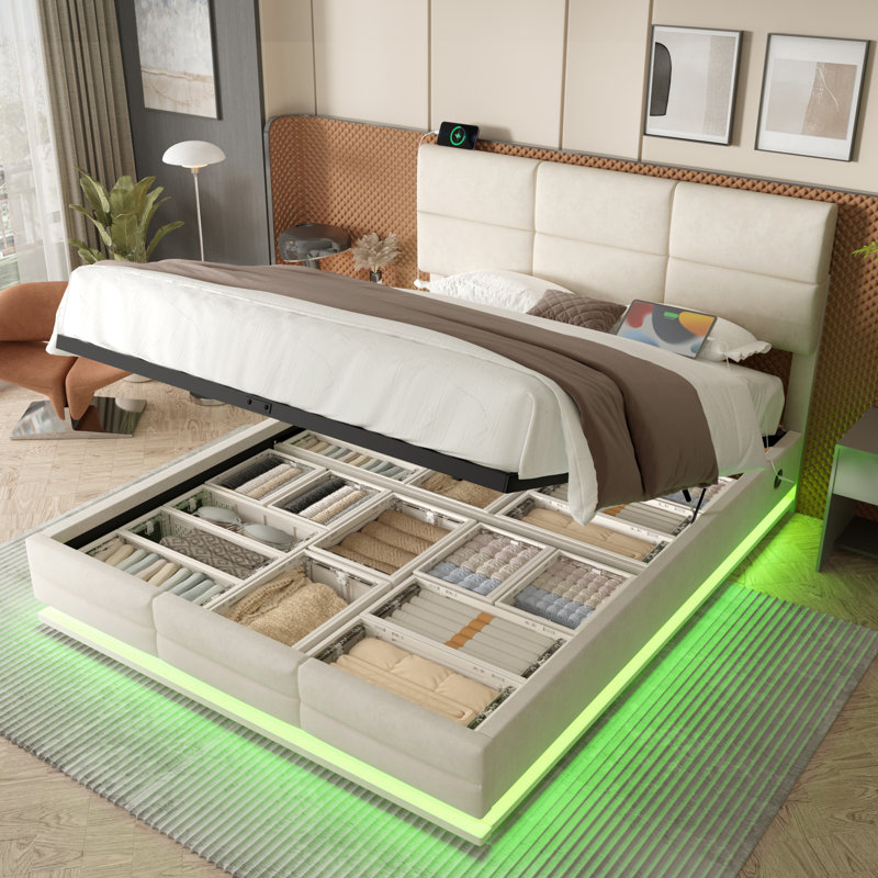 Upholstered Ottoman Storage Bed, Double (4'6), Beige