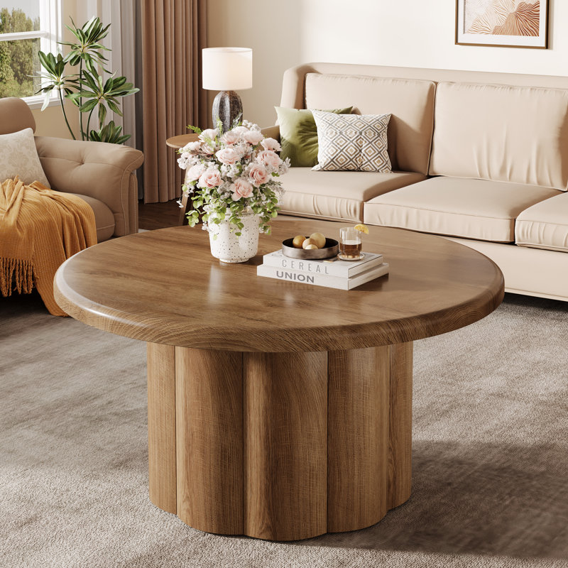 Round Elegant Coffee Table for Living Room, 31.5" Circle Center Table with Fluted Drum Base