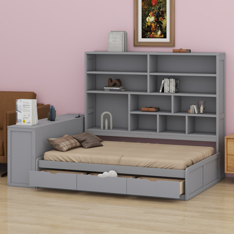 Lit de jour en bois avec trois tiroirs, bureau, tablettes et lumières, Gris