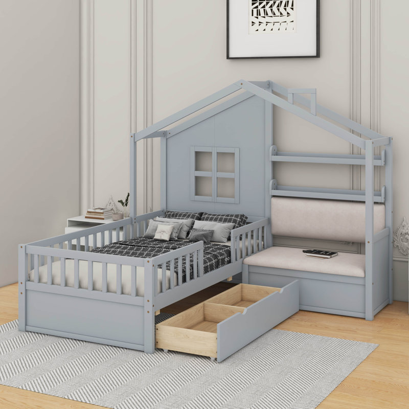 Lit simple avec canapé et tablette, gris