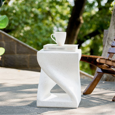 Outdoor White Marble Modern Twisted-Base Terrazzo-Speckled All-Weather MGO Side Table – Indoor End Table For Home, Office & Patio Decor