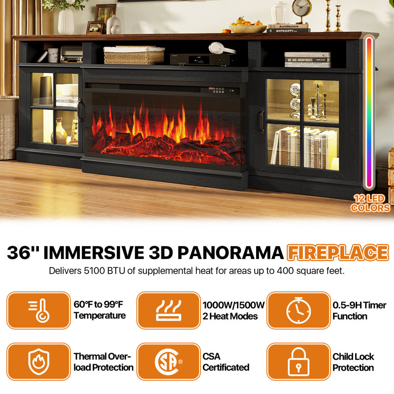 80" Electric Fireplace TV Stand – 12 Color Flame & LED, 2 Heat Settings, Adjustable Temperature, Fits TVs Up to 90", Black