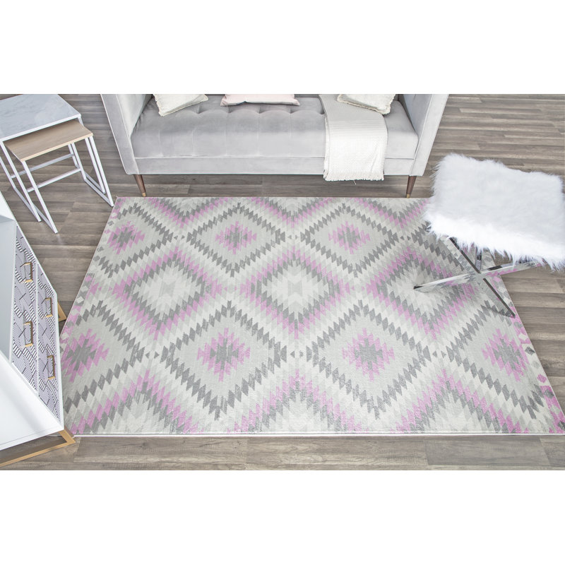 Tapis denim à motif tribal Kilim Heron Bodrum, Rectangle 8 pi 9 po x 12 pi, Pink/Ivory/Silver/Grey