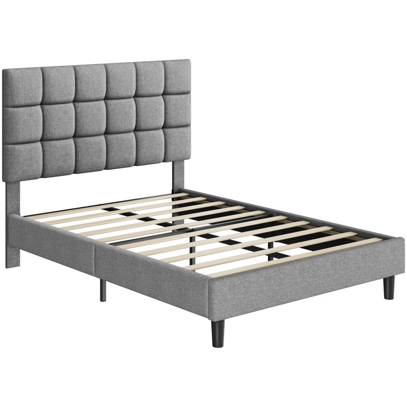 Size Modern Upholstered Bed Frame with Adjustable Square Tufted Headboard, Double (4'6), Light Grey