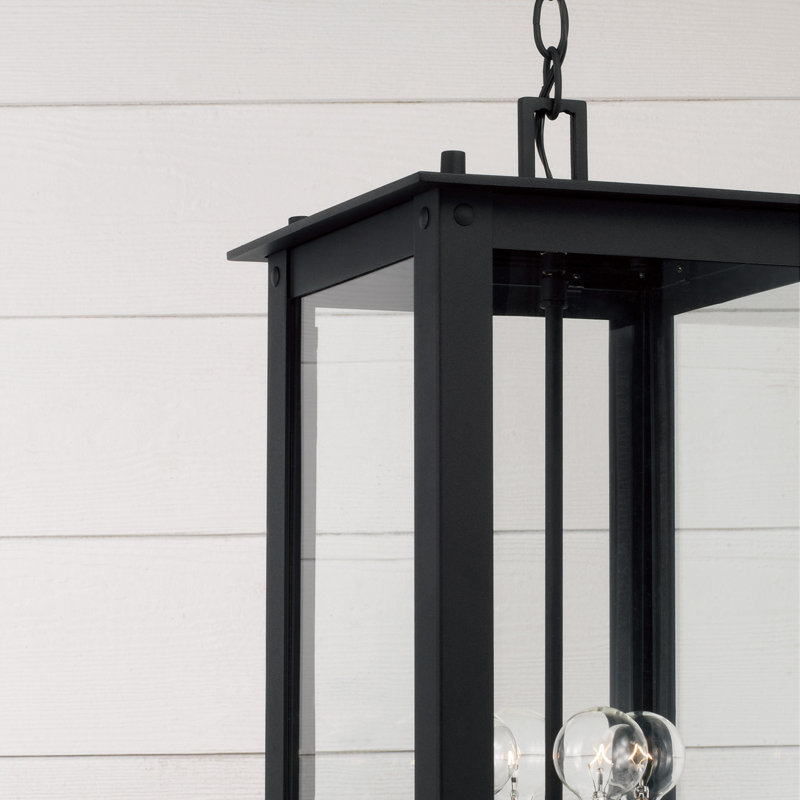 11" W x 28.5" H 4-Light Outdoor Rectangular Hanging Lantern with Clear Glass, Black