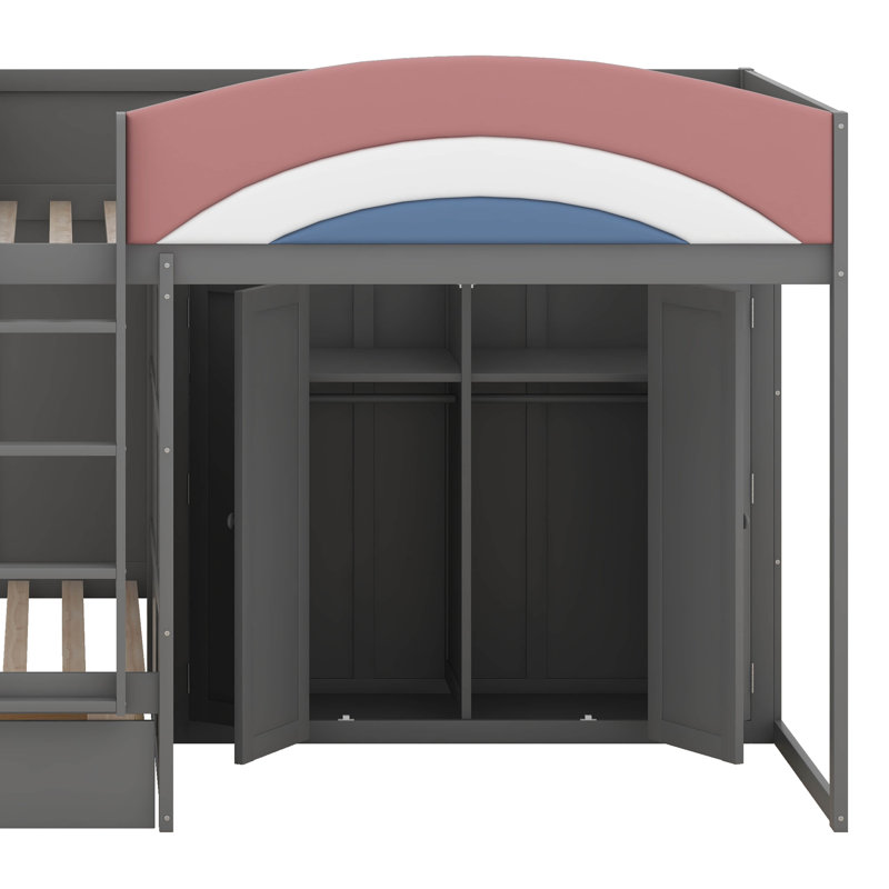Full  Bunk Bed With Storage, Wooden Bunk Bed With Storage Drawers & Wardrobe, Safety Ladder & Upholstered Guardrails, Gray