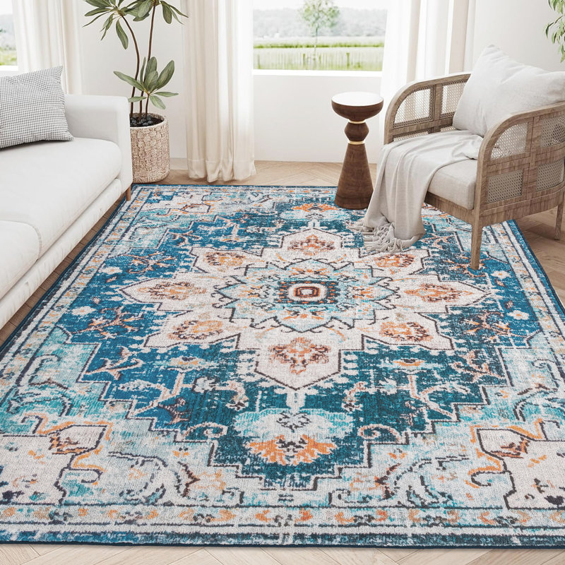8x10 Large Area Rug, Vintage Design, Washable Non-slip For Bedroom Loft, Blue/gold Floral Loft Rug Style, Cosmetics Area,