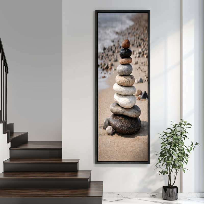 «Stacked Zen Stones on Beach Balilib Coastal Spa Style Extra Large», reproduction d'art sur toile encadrée, Noir