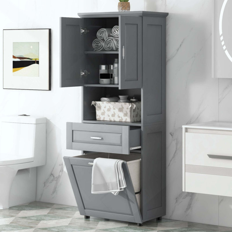 Grande armoire de salle de bain avec panier à linge, grand panier à linge inclinable et armoire de rangement supérieure, Gris